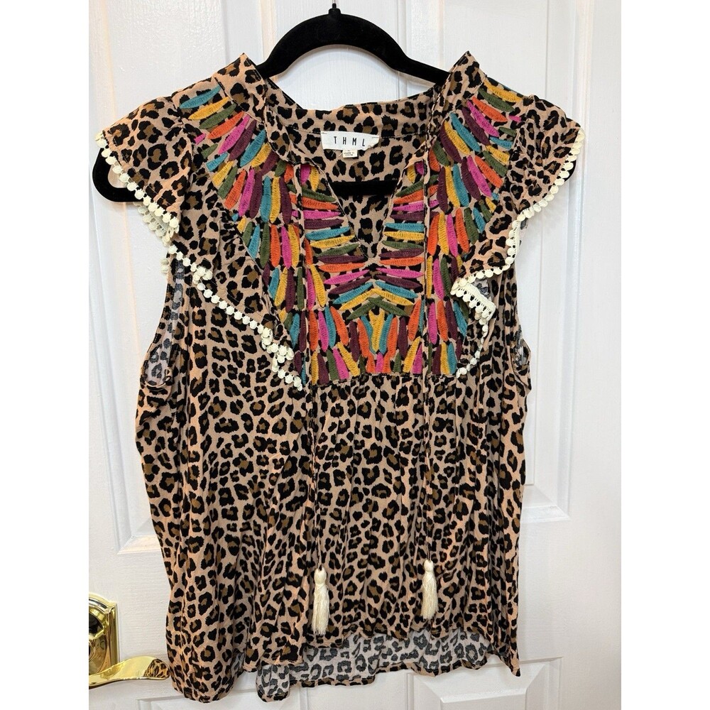 THML Leopard Print Embroidered Boho Top Women Large Tassel Flutter Sleeve